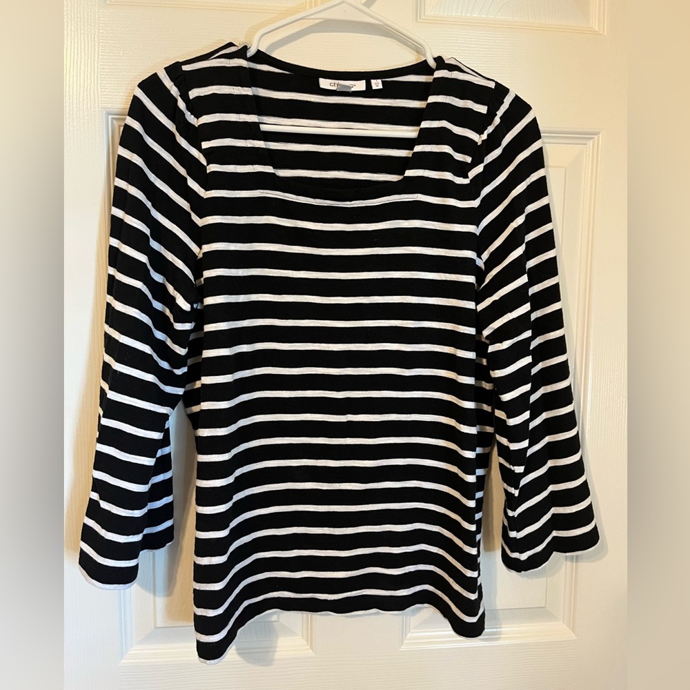 Chico's Black & White Scoop Neck Long Sleeve Striped Top
